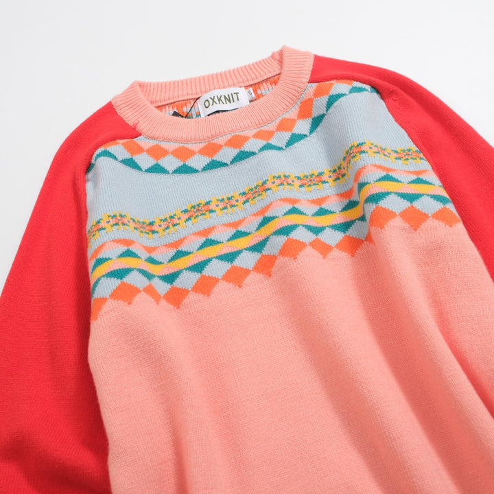 Frauen Vintage Pink Jacquard Schulterpullover