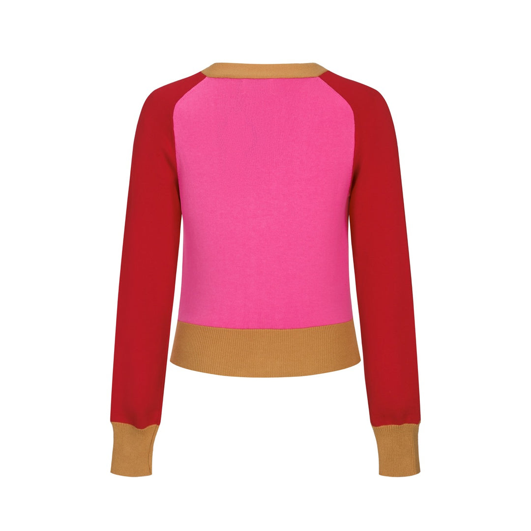 Gilet tricoté colorblock femme – Rose, Rouge & Chameau Retro Boutons Longueur Cropped
