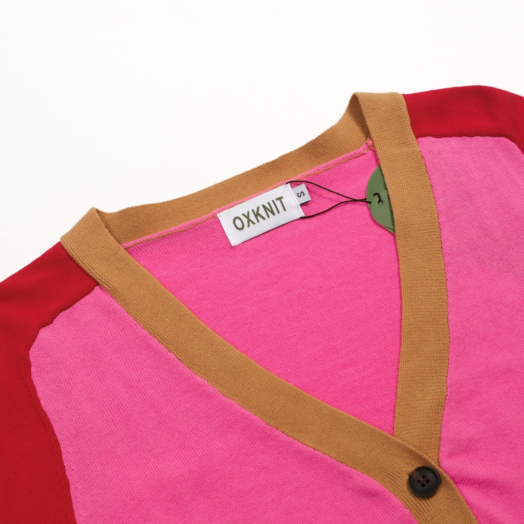 Gilet tricoté colorblock femme – Rose, Rouge & Chameau Retro Boutons Longueur Cropped