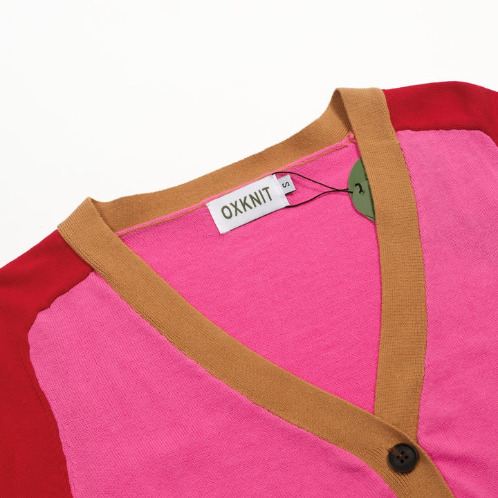 Gilet tricoté colorblock femme – Rose, Rouge & Chameau Retro Boutons Longueur Cropped