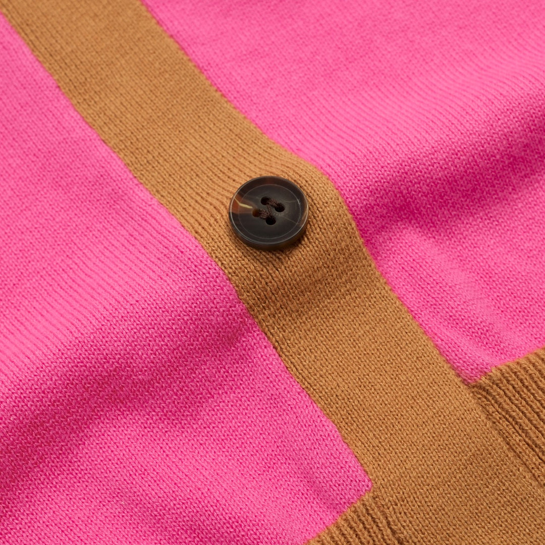 Gilet tricoté colorblock femme – Rose, Rouge & Chameau Retro Boutons Longueur Cropped