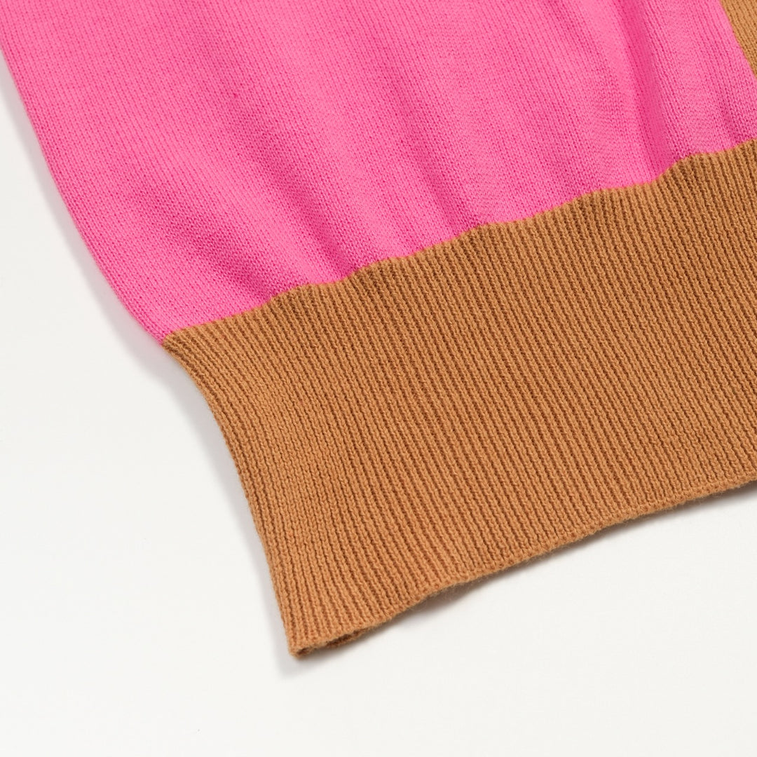 Gilet tricoté colorblock femme – Rose, Rouge & Chameau Retro Boutons Longueur Cropped