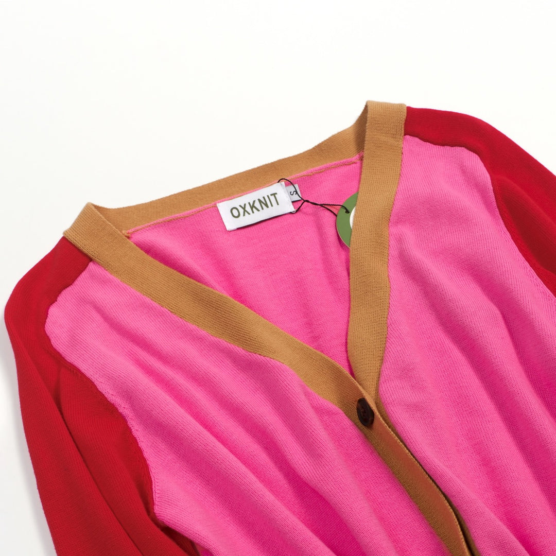 Gilet tricoté colorblock femme – Rose, Rouge & Chameau Retro Boutons Longueur Cropped