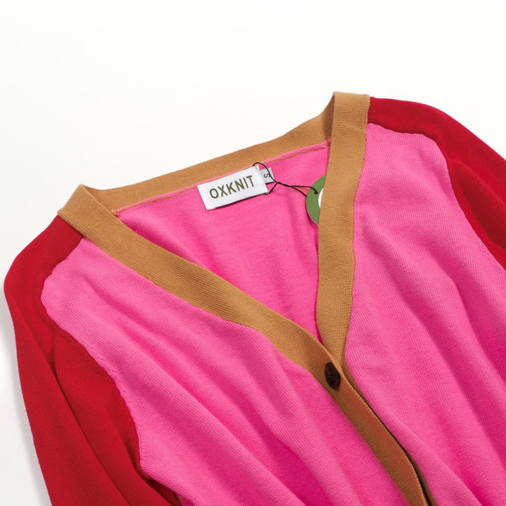 Gilet tricoté colorblock femme – Rose, Rouge & Chameau Retro Boutons Longueur Cropped