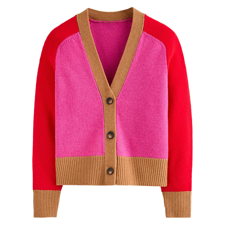 Gilet tricoté colorblock femme – Rose, Rouge & Chameau Retro Boutons Longueur Cropped