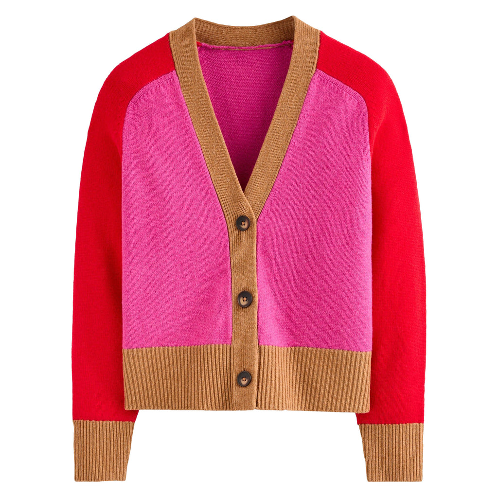 Women's Colorblock Knit Cardigan – Pink Red Camel Button-Up