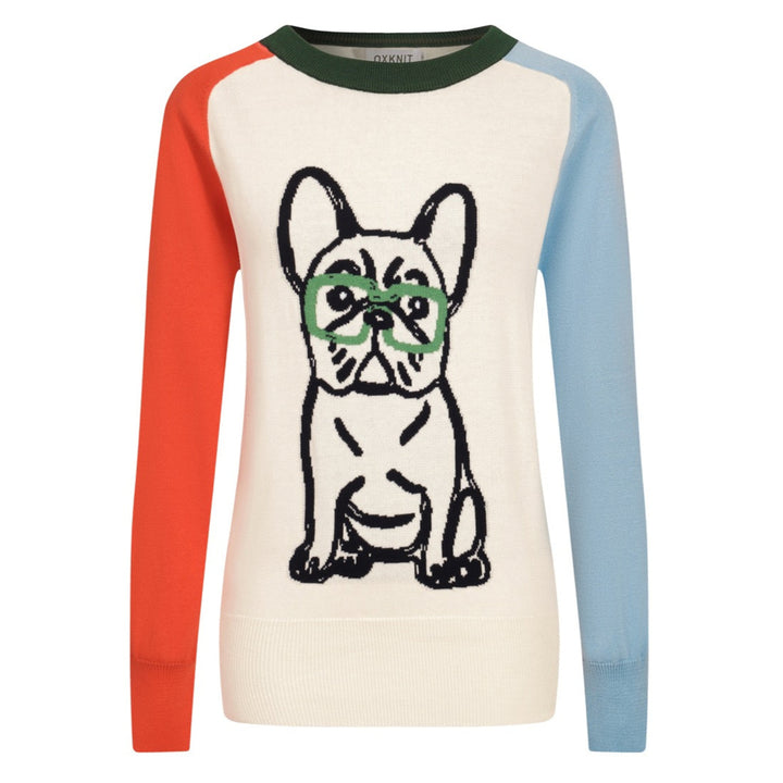 Women's multi-colored French bulldog knit sweater