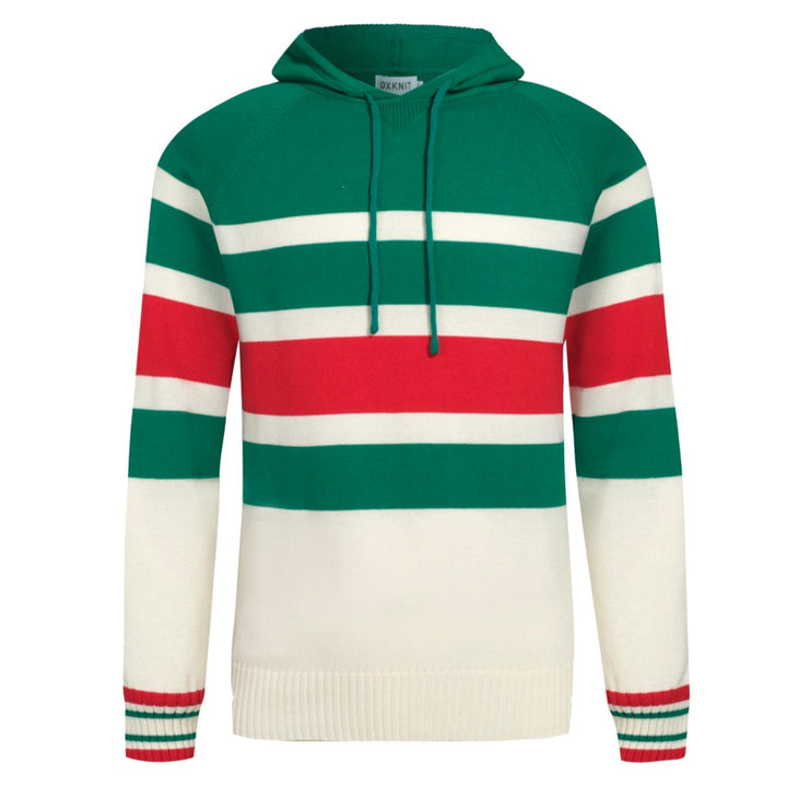 Men’s Retro Stripe Knit Hoodie – Green, Red & Cream