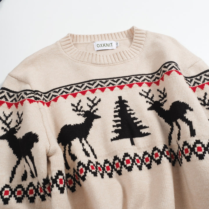 Men’s Vintage Reindeer Knit Christmas Sweater – Cream & Black