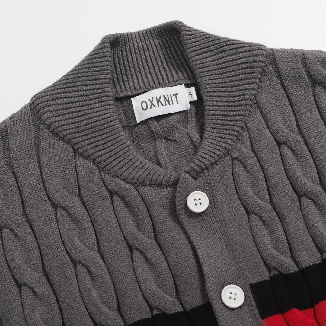 Men’s Cable Knit Cardigan – Charcoal Grey with Red & Black Stripe Detail