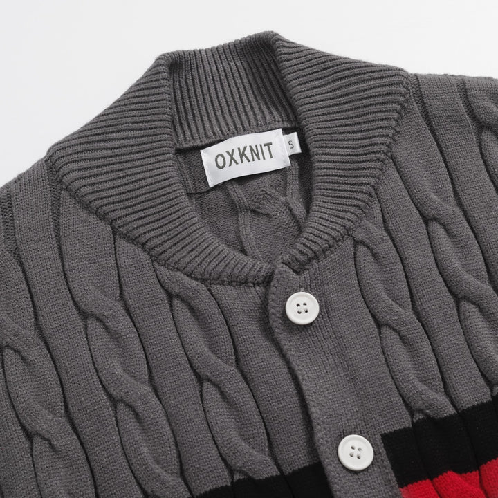 Men’s Cable Knit Cardigan – Charcoal Grey with Red & Black Stripe Detail