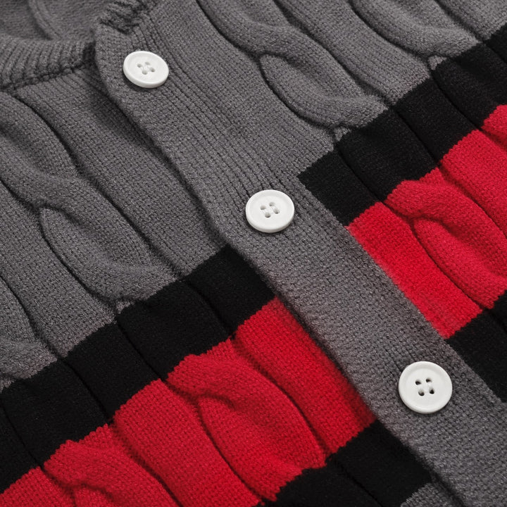 Men’s Cable Knit Cardigan – Charcoal Grey with Red & Black Stripe Detail