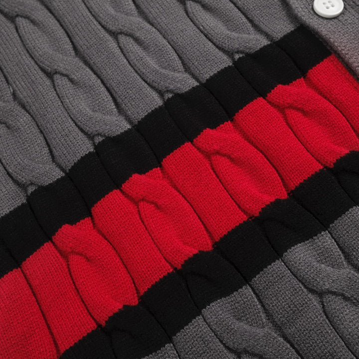 Men’s Cable Knit Cardigan – Charcoal Grey with Red & Black Stripe Detail