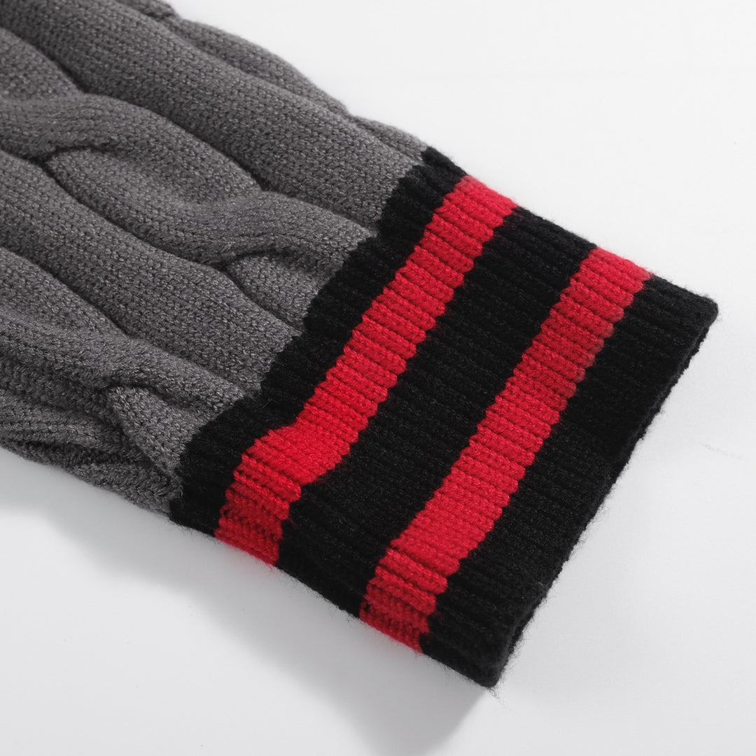 Men’s Cable Knit Cardigan – Charcoal Grey with Red & Black Stripe Detail