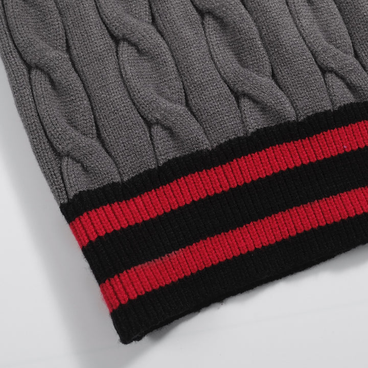 Men’s Cable Knit Cardigan – Charcoal Grey with Red & Black Stripe Detail
