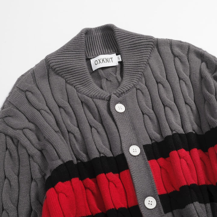 Men’s Cable Knit Cardigan – Charcoal Grey with Red & Black Stripe Detail
