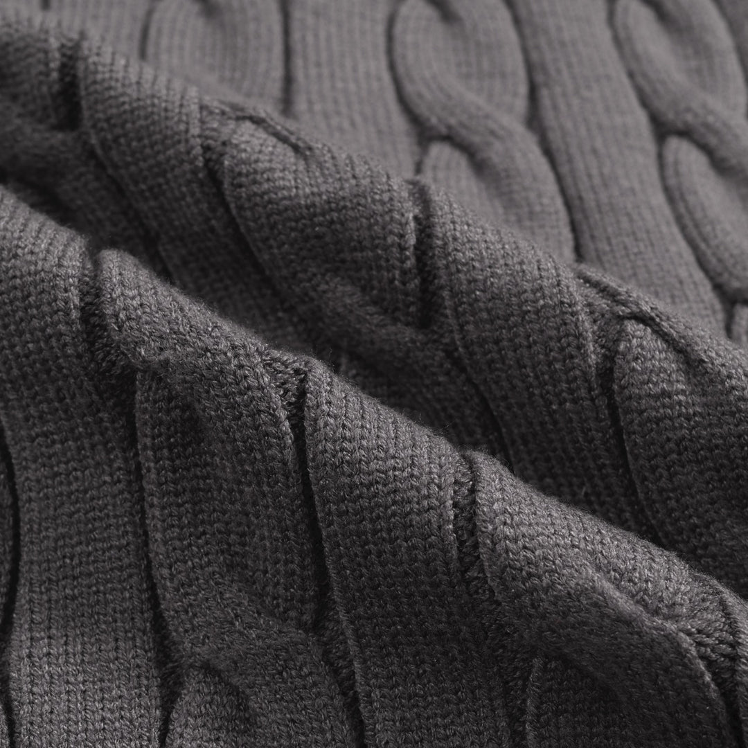 Men’s Cable Knit Cardigan – Charcoal Grey with Red & Black Stripe Detail