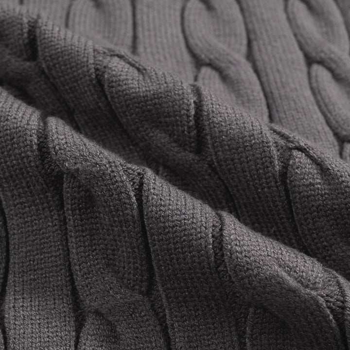 Men’s Cable Knit Cardigan – Charcoal Grey with Red & Black Stripe Detail