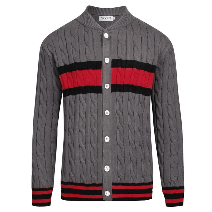 Men’s Cable Knit Cardigan – Charcoal Grey with Red & Black Stripe Detail