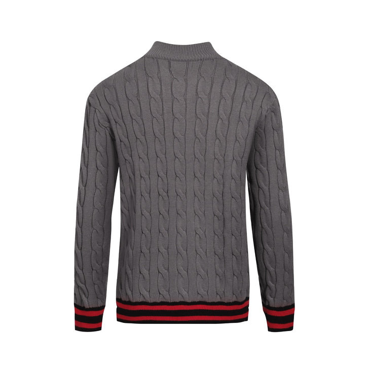 Men’s Cable Knit Cardigan – Charcoal Grey with Red & Black Stripe Detail