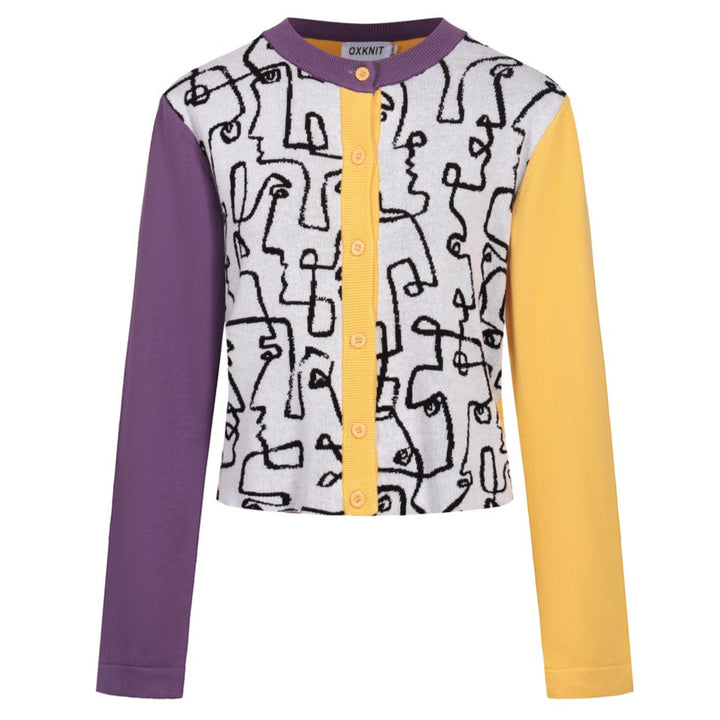 Women's multi-color pattern fashion cardigan sweater-Cropped Length