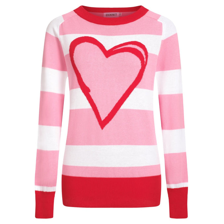 Women’s Pink & White Striped Sweater with Heart – MOD Valentine Knitwear