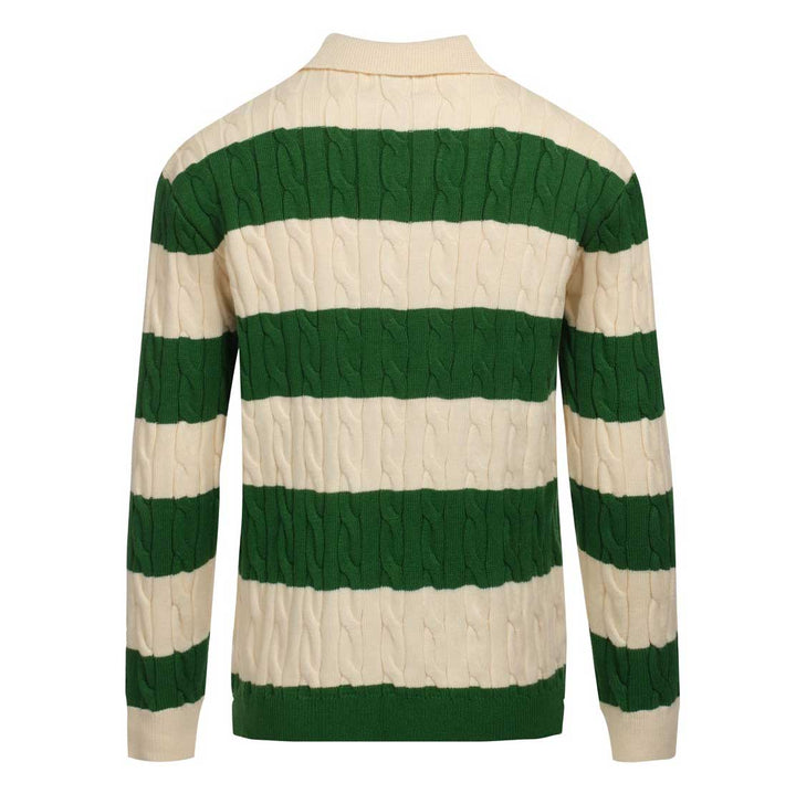 Men's green striped twist V-neck sweater