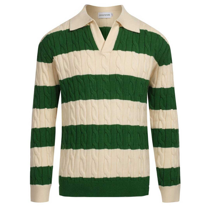 Men's green striped twist V-neck sweater