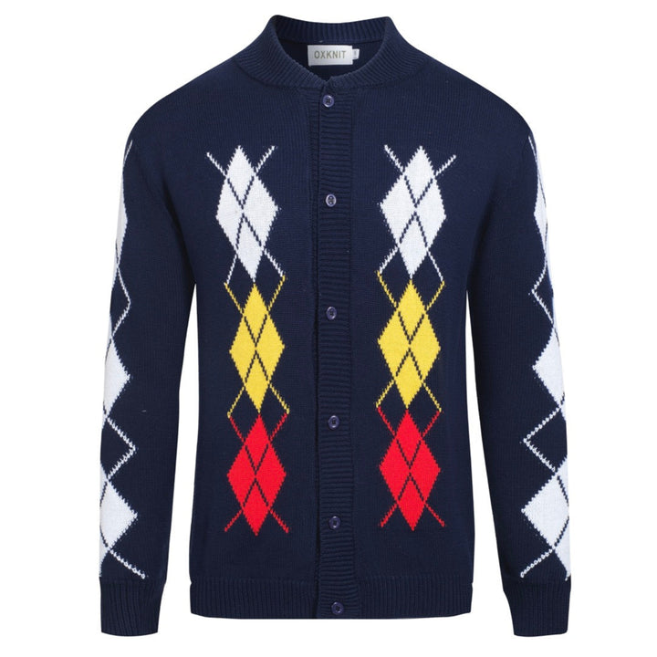 Men’s Navy Argyle Cardigan with Red, Yellow, and White Diamonds