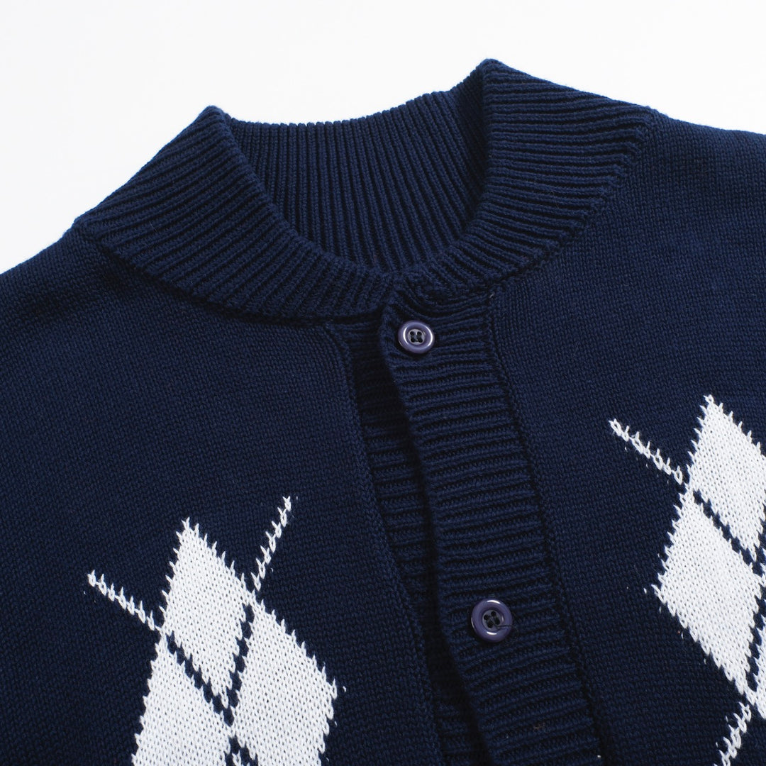 Men’s Navy Argyle Cardigan with Red, Yellow, and White Diamonds