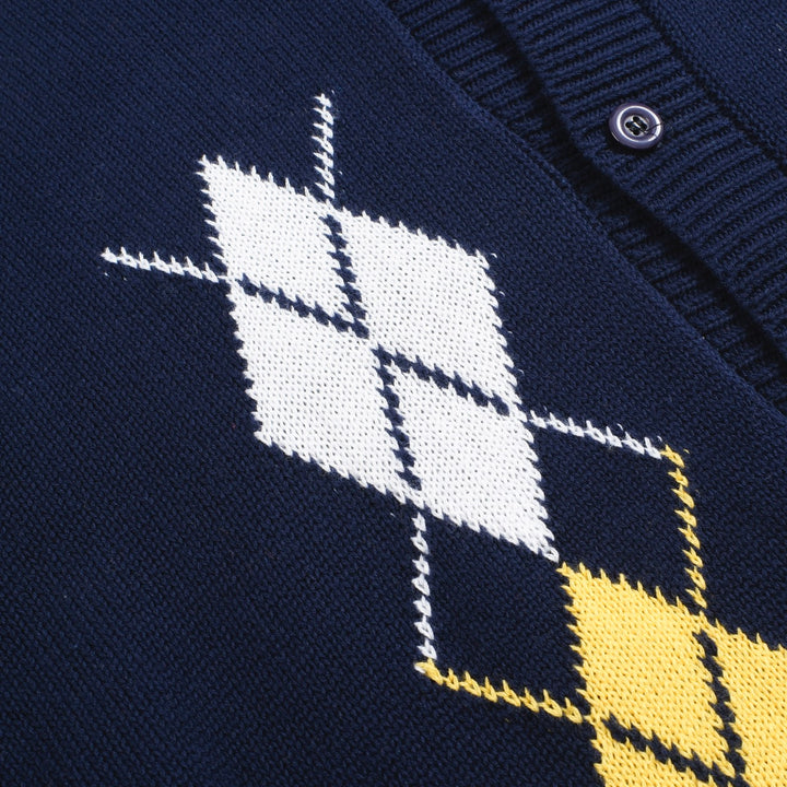 Men’s Navy Argyle Cardigan with Red, Yellow, and White Diamonds