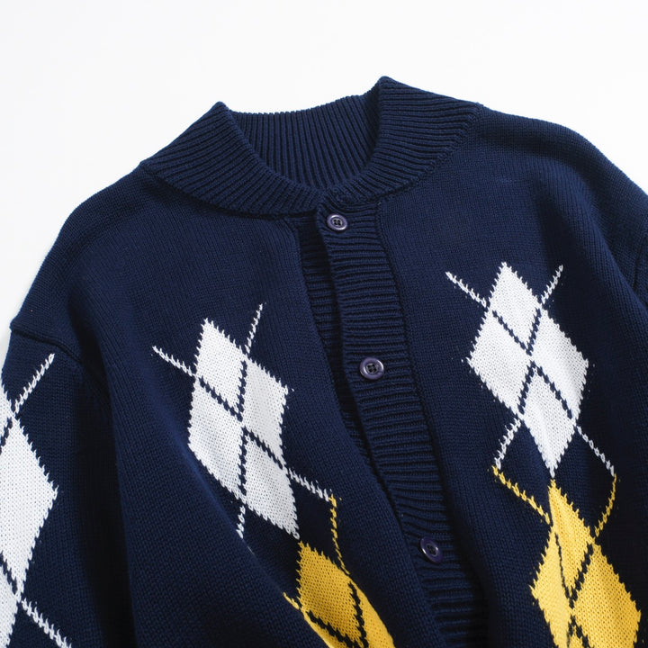 Men’s Navy Argyle Cardigan with Red, Yellow, and White Diamonds