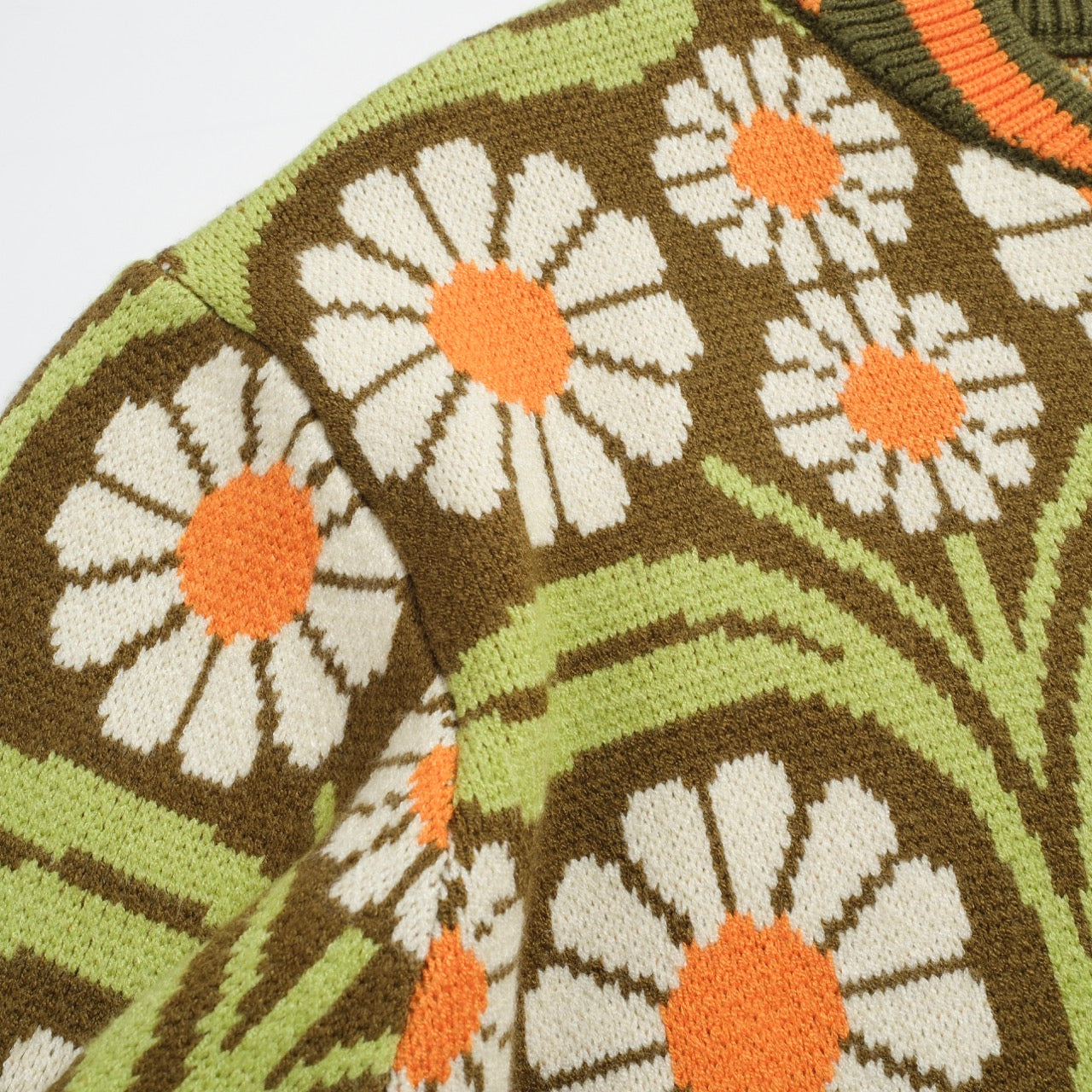 Men's Olive Green Daisy Zip-Up Knit Cardigan – 70s Floral