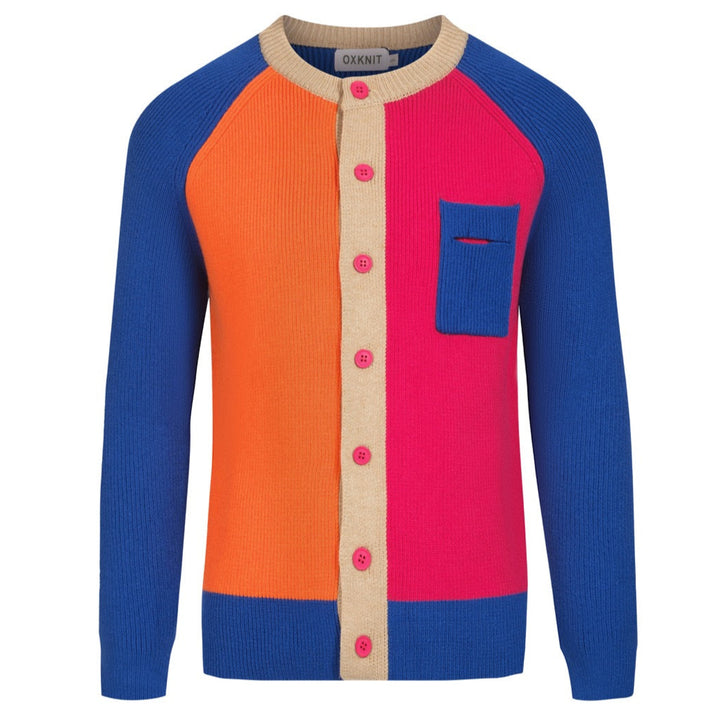 Men's Colorblock Knit Cardigan – Royal Blue, Orange & Fuchsia