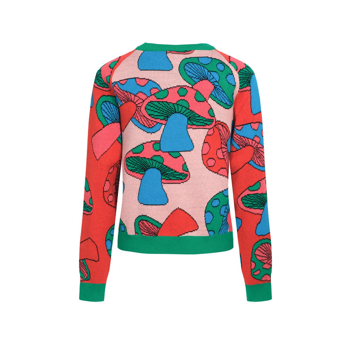 Women’s Psychedelic Mushroom Knit Sweater – Colorful Retro Pullover-Cropped Length