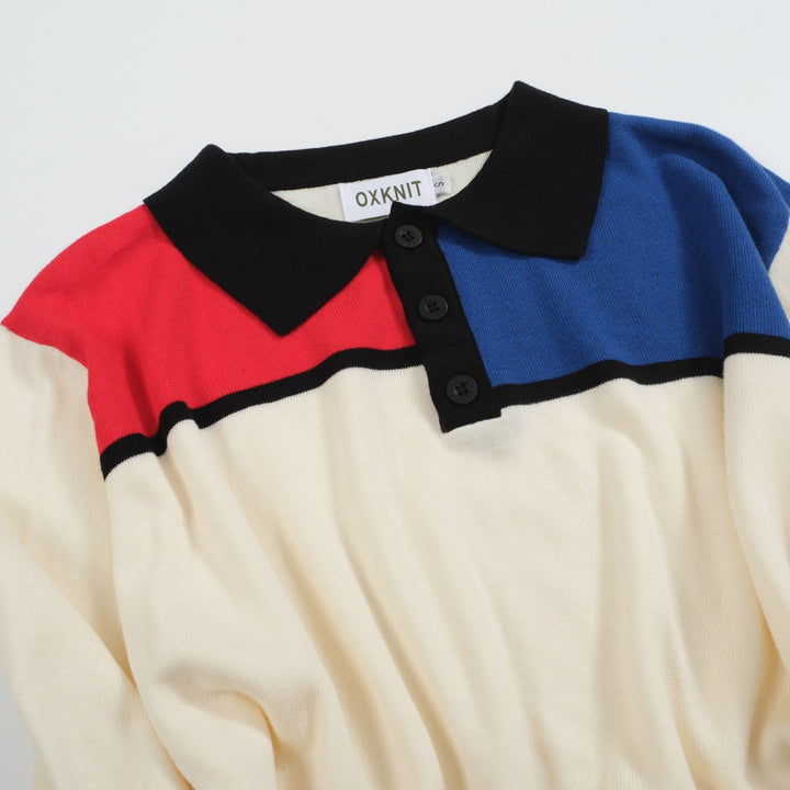 Men's Retro Colorblock Knit Polo Shirt – Mod Long Sleeve Tee in Red, Blue & Ivory