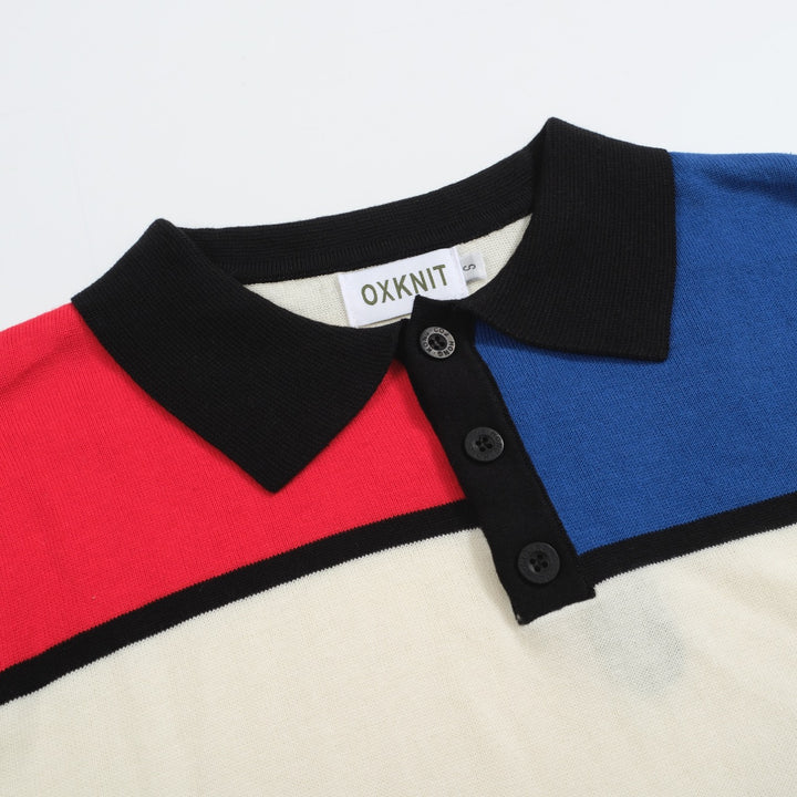 Men's Retro Colorblock Knit Polo Shirt – Mod Long Sleeve Tee in Red, Blue & Ivory
