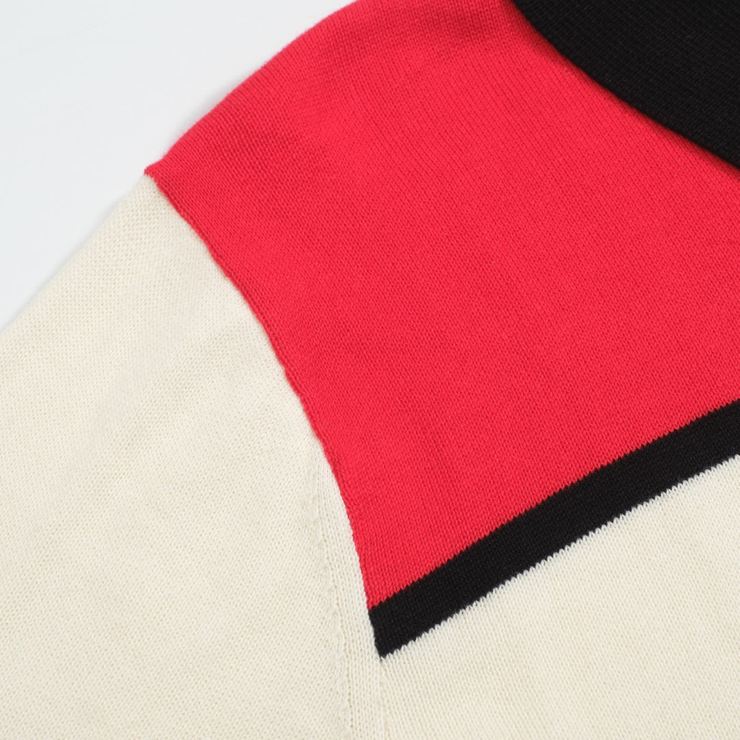 Men's Retro Colorblock Knit Polo Shirt – Mod Long Sleeve Tee in Red, Blue & Ivory