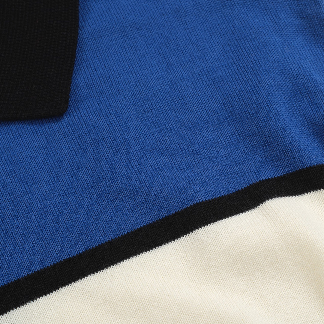 Men's Retro Colorblock Knit Polo Shirt – Mod Long Sleeve Tee in Red, Blue & Ivory