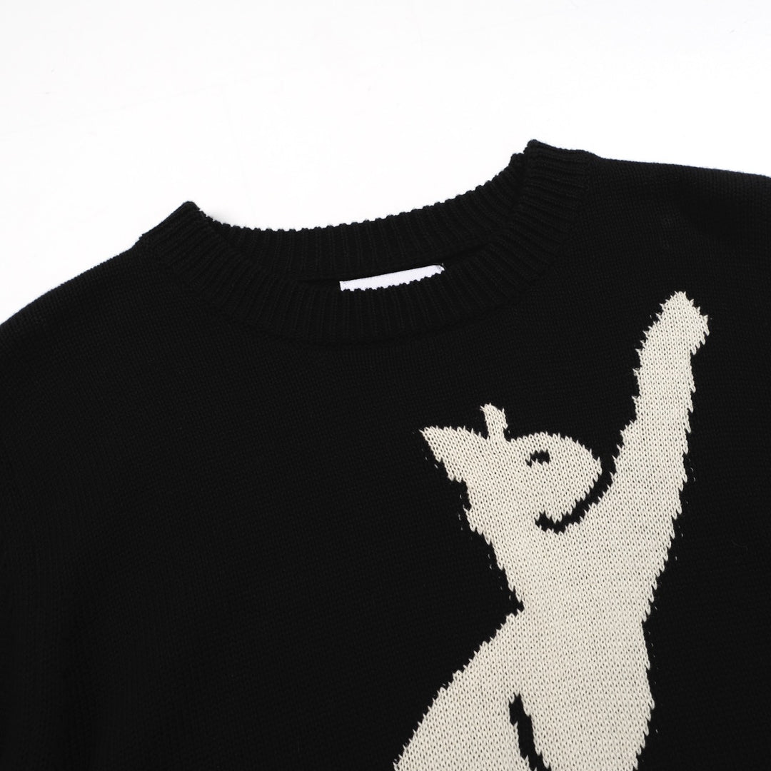Women’s MOD Black Sweater with White Cat – 1960s Minimalist Knit Pullover-Cropped Length