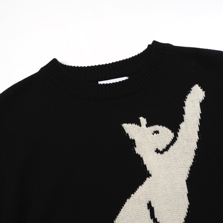 Women’s MOD Black Sweater with White Cat – 1960s Minimalist Knit Pullover-Cropped Length