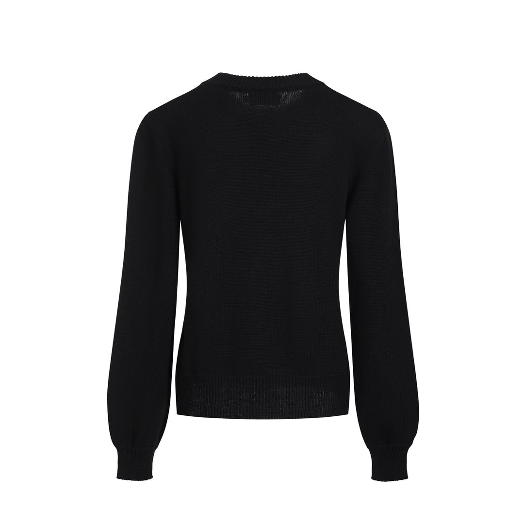 Women’s MOD Black Sweater with White Cat – 1960s Minimalist Knit Pullover-Cropped Length