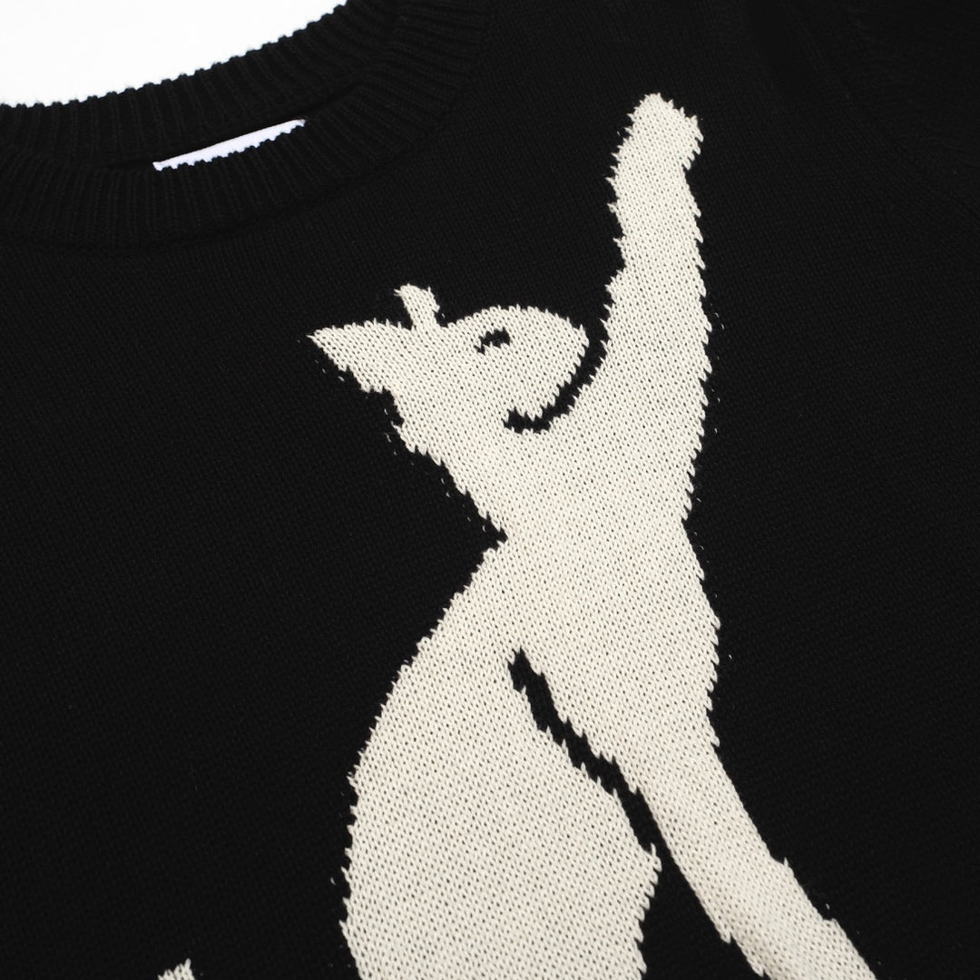 Women’s MOD Black Sweater with White Cat – 1960s Minimalist Knit Pullover-Cropped Length