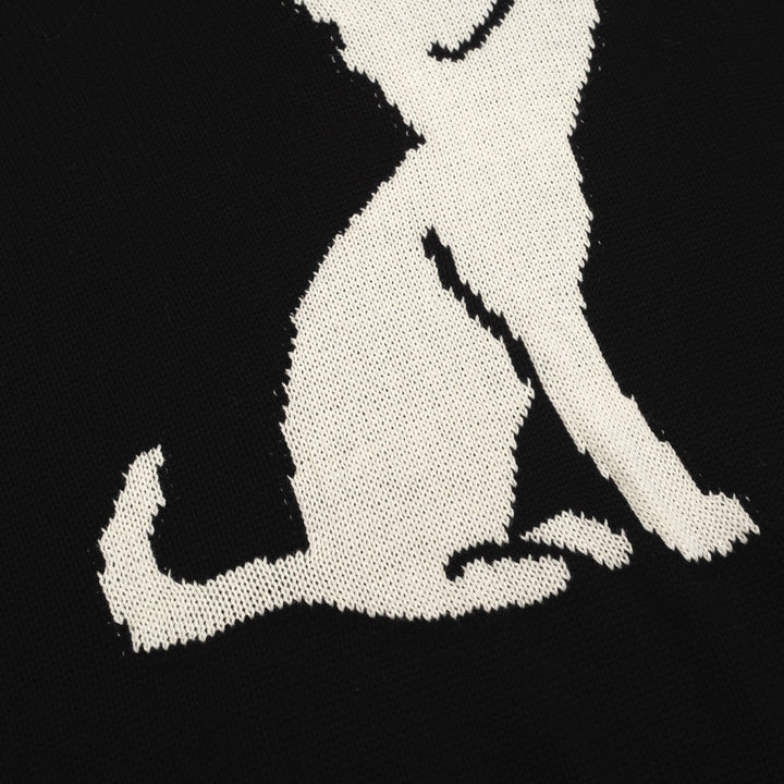 Women’s MOD Black Sweater with White Cat – 1960s Minimalist Knit Pullover-Cropped Length