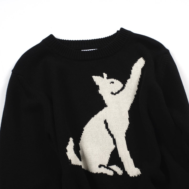 Women’s MOD Black Sweater with White Cat – 1960s Minimalist Knit Pullover-Cropped Length