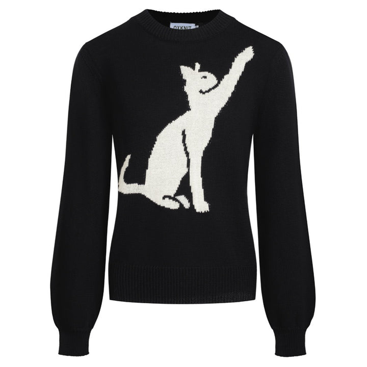 Women’s MOD Black Sweater with White Cat – 1960s Minimalist Knit Pullover-Cropped Length