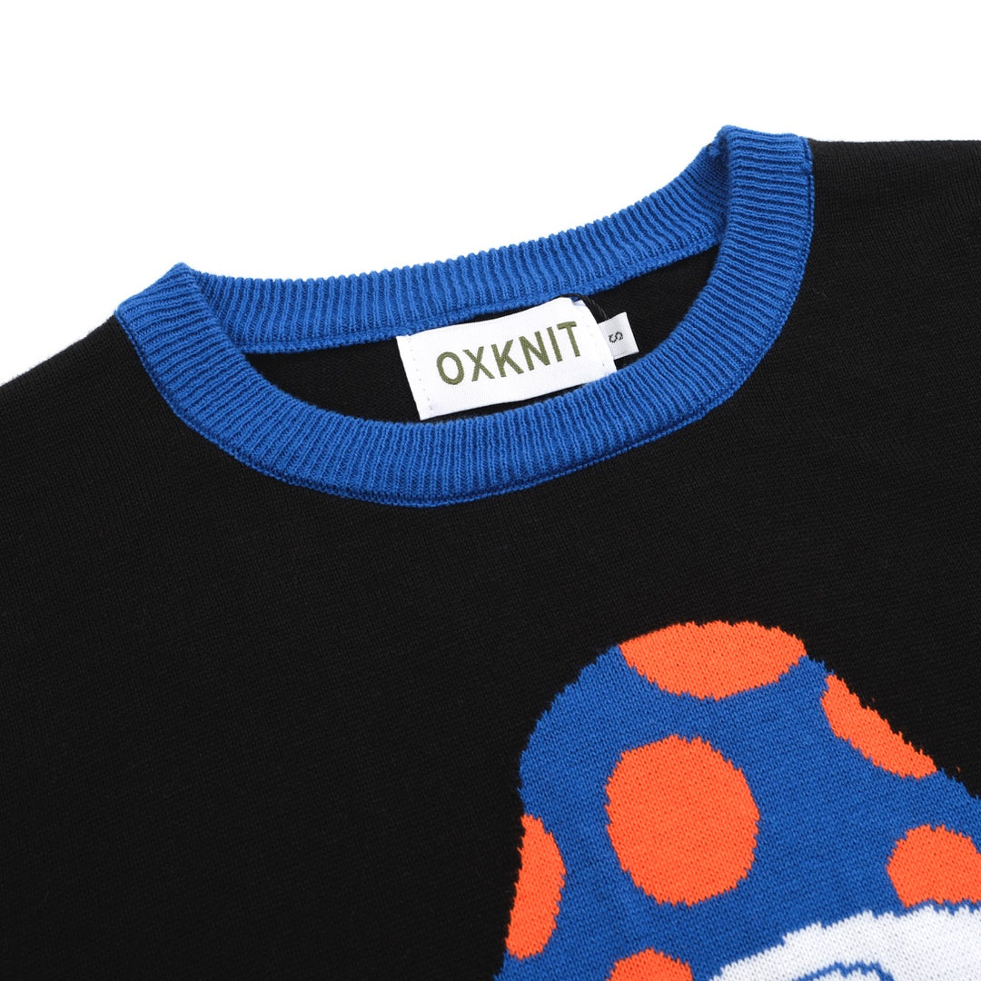 Women’s Psychedelic Mushroom Knit Sweater – Black Long Sleeve with Pop Art Motif-Cropped Length