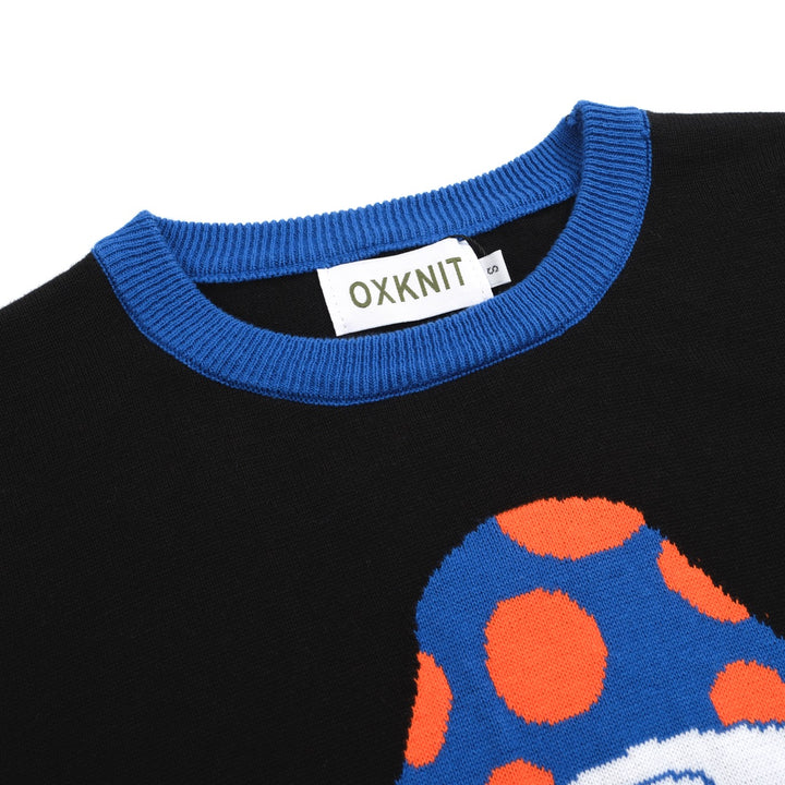 Women’s Psychedelic Mushroom Knit Sweater – Black Long Sleeve with Pop Art Motif-Cropped Length