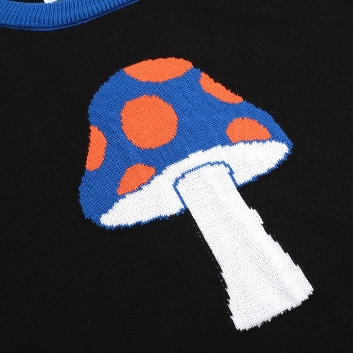 Women’s Psychedelic Mushroom Knit Sweater – Black Long Sleeve with Pop Art Motif-Cropped Length