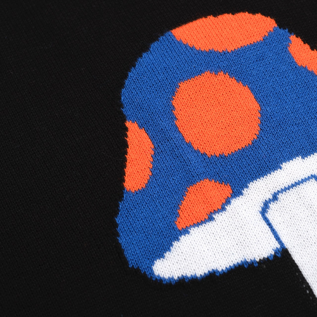 Women’s Psychedelic Mushroom Knit Sweater – Black Long Sleeve with Pop Art Motif-Cropped Length